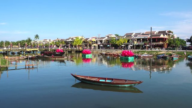 Beautiful sunny day at Hoai river. Hoi An old town, once known as Faifo. Hoian is a city in Vietnam's Quang Nam Province and noted since 1999 as a UNESCO World Heritage Site