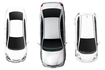 Top view of white car isolated on white background. With clipping path.