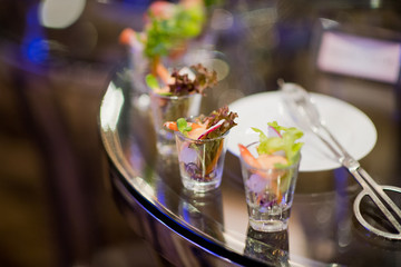 Glass shots pastry, wedding catering food, mini canapes food, tasty dessert, Beautiful decorate catering banquet table,  snacks and appetizers, wedding celebration