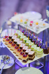Glass shots pastry, wedding catering food, mini canapes food, tasty dessert, Beautiful decorate catering banquet table,  snacks and appetizers, wedding celebration