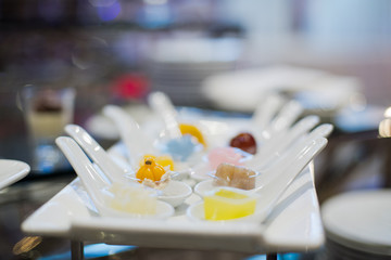 Glass shots pastry, wedding catering food, mini canapes food, tasty dessert, Beautiful decorate catering banquet table,  snacks and appetizers, wedding celebration