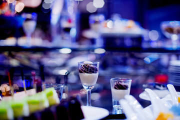 Glass shots pastry, wedding catering food, mini canapes food, tasty dessert, Beautiful decorate catering banquet table,  snacks and appetizers, wedding celebration