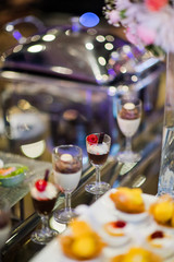 Glass shots pastry, wedding catering food, mini canapes food, tasty dessert, Beautiful decorate catering banquet table,  snacks and appetizers, wedding celebration