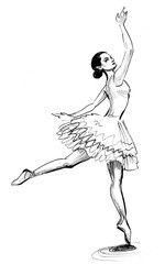 Dancing ballerina. Ink black and white drawing