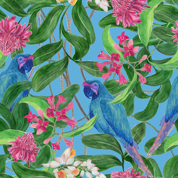 watercolor painting seamless pattern with tropical leaves, flowers and blue parrots