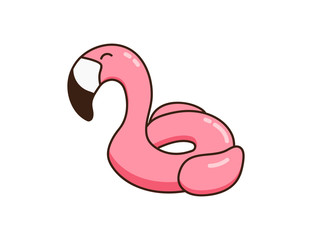 Inflatable swimming pool ring object with flamingo shape. Tropical summer bird buoy for vacations and water activities in swimming pool. Rubber object isolated. Vector doodle hand drawn illustration