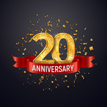 20 years anniversary logo template on dark background. Twenty celebrating golden numbers with red ribbon vector and confetti isolated design elements