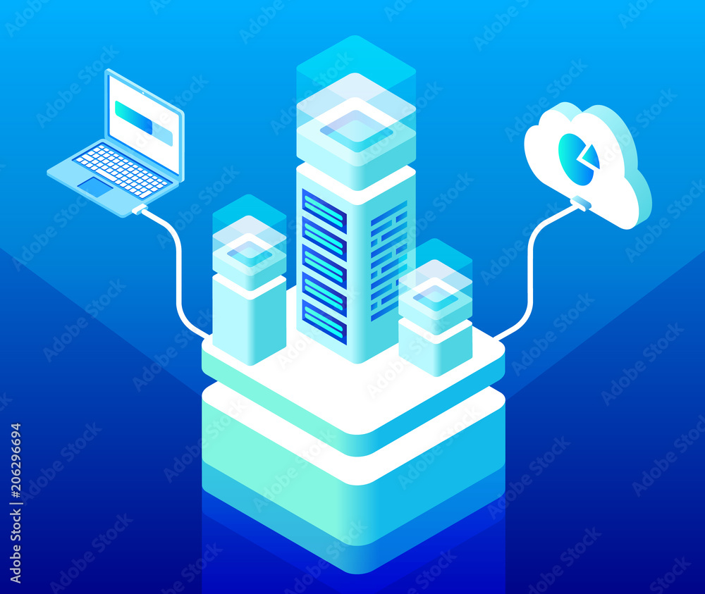 Poster vector isometric cloud computing and data storage center concept with server rack connected to lapto