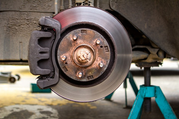 brake discs on the machine with the removed wheels on the jacks. wheel replacements
