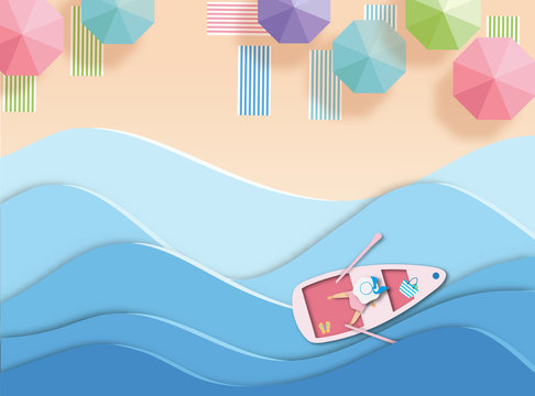 top view beach  with girl . aerial view of summer beach in paper art style.paper cut and candy color style.