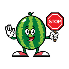 Cartoon Watermelon Character With Stop Sign