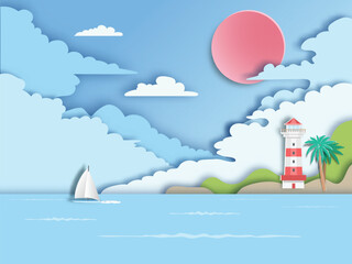 Sailboat floating on sea with lighthouse. paper art style.