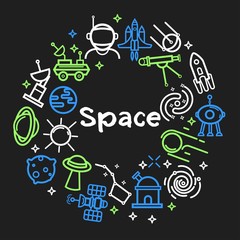 Space themed outline icons in neon colors set