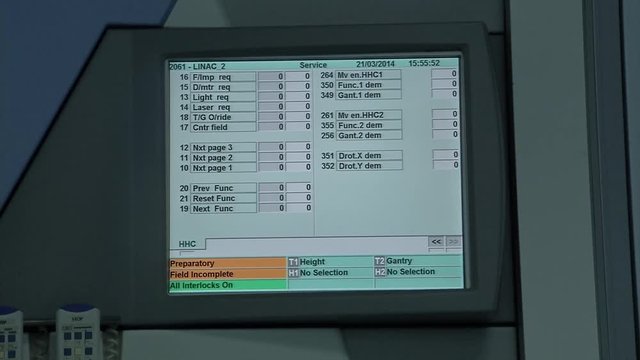 Hospital computer screen showing software settings for cancer radiation therapy machine linear accelerator