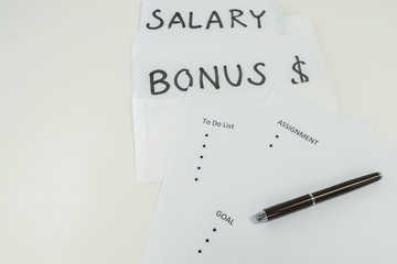 isolated handwritten salary and bonus with business assignment and goals