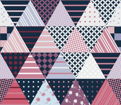 Patchwork pattern from patches in  shape of triangles with abstract ornament in vector.