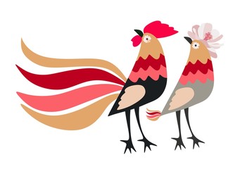 Beautiful horizontal card with stylized chickens - funny rooster and hen, isolated on white background in vector.