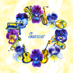 Music frame with summer and spring pansy flowers, notes. Hand drawn watercolor illustration.
