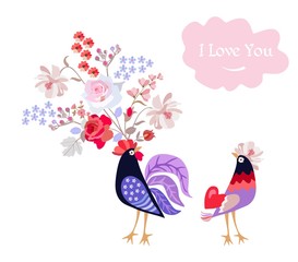 Funny rooster and hen with red heart and bouquet of garden flowers isolated on white background. Greeting or invitation card in vector. Valentine's day.