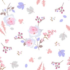 Gentle seamless pattern with stylized leaves of dandelion, clover, viburbum, branches of spirea, pink roses and bell flowers isolated on white background. Ditsy floral background.
