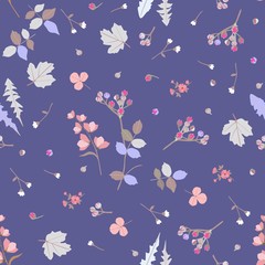 Seamless blue background with colorful leaves, bud and flowers in vector. Ditsy natural pattern. Print for fabric, wrapper, wallpaper. Beautiful summer design.