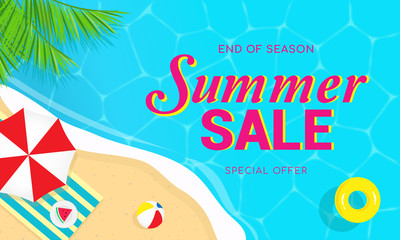 Summer sale banner vector illustration, Top view of summer beach.