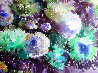 Naklejka na ściany i meble Abstract bright colored decorative background . Floral pattern handmade . Beautiful tender romantic summer bouquet of asters flowers , made in the technique of watercolors from nature.