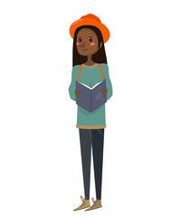 isolated flat cute african-american girl holding a book, travel guide, wearing an orange hat, a green sweater and blue jeans on a white background. wanderer black woman vector illustration.