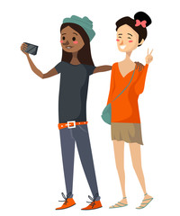 isolated cute diverse girls taking a selfie. a hispanic black girl wearing casual clothing, belt and hat, holding a smartphone, an asian girl wearing orange blouse and beige skirt smiling at a camera