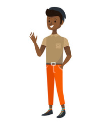 isolated indian guy waving his hand, saying hello or goodbye. flat black men vector illustration. teenage boy wearing beige shirt, orange pants and blue hat on a white background.