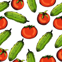 Cucumber. A tomato. Pickles. Blanks for the winter. Hand drawing. Print, sticker. Organic. For your design. seamless pattern