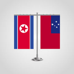 Table stand with flags of North Korea and Samoa.Two flag. Flag pole. Symbolizing the cooperation between the two countries. Table flags