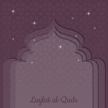 Laylat al-Qadr. Islamic religion holiday. Symbolic silhouette of the mosque. Bordeaux shades of color. Paper style. Background pattern of arabesque