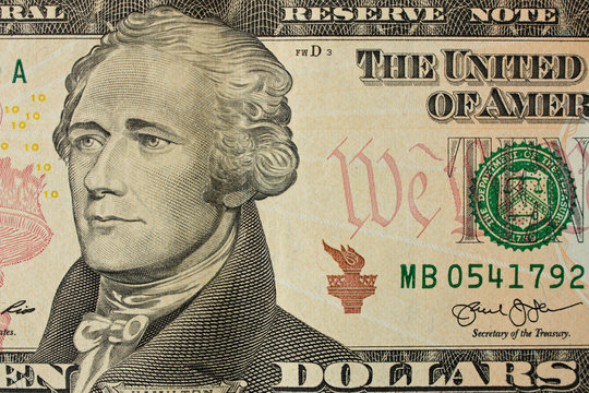 Portrait Of Alexander Hamilton On The 10 Dollar Bill. Close Up