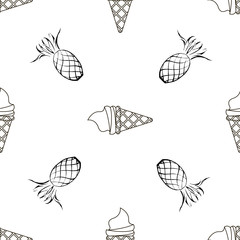 Creative seamless vector pattern with juicy pinapple and delicious ice cream cone.