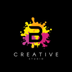 Letter B logo at colorful paint splash background.
