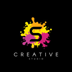 Letter S logo at colorful paint splash background.