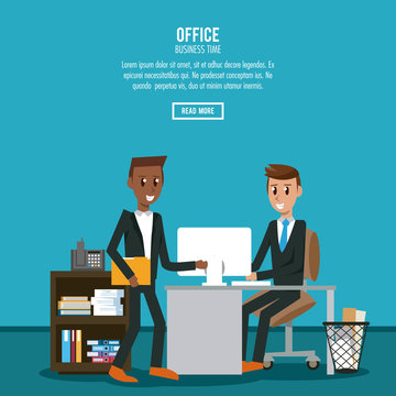 Business workers in office banner information vector illustration graphic design