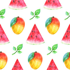 Hand painted minimalist seamless fruits pattern with watercolor watermelon, mango and green leaf isolated on white background