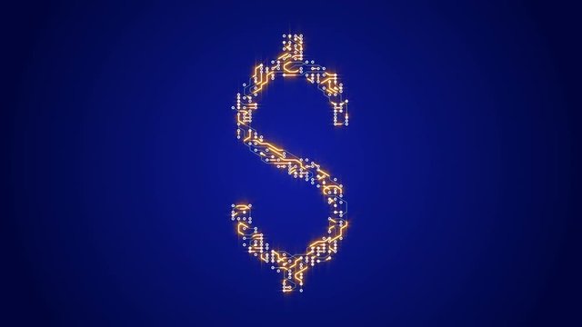 4k a futuristic circuit board with moving electrons shaped dollar sign,abstract electronic connections,Cripto currency bitcoin.Global internet finance,worldwide.
