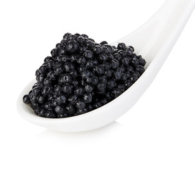 Spoon with black sturgeon caviar isolated on white background.