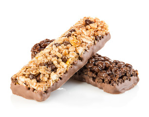 Chocolate cereal bars close-up isolated on a white background.