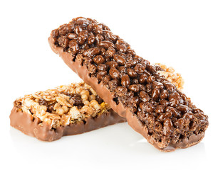 Chocolate cereal bars close-up isolated on a white background.