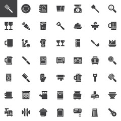 Kitchen tools vector icons set, modern solid symbol collection, filled style pictogram pack. Signs, logo illustration. Set includes icons as Whisk, Dish, Recipe cooking book, Glass, Scale, Pastry bag