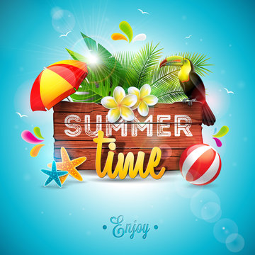 Vector Summer Time Holiday typographic illustration with toucan bird on vintage wood background. Tropical plants, flower, beach ball and sunshade with blue sky. Design template for banner, flyer