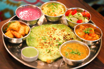 Macro photo of a delicious Indian set menu