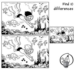 A boy with mask and flippers diving underwater in the ocean with marine inhabitants. Find 10 differences. Educational game for children. Black and white cartoon vector illustration