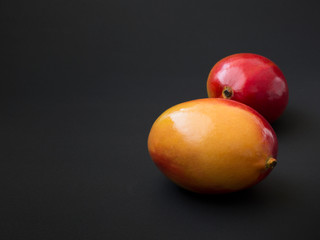 Two mangoes fruits on the dark background. Minimalistic concept