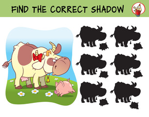 Cow and little pig on a meadow. Find the correct shadow. Educational matching game for children. Cartoon vector illustration