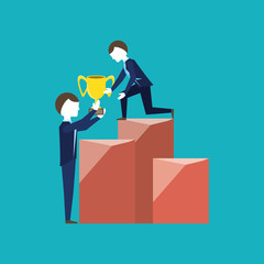 teamwork concept with businessmen holding a trophy cup over blue background, colorful design. vector illlustration
